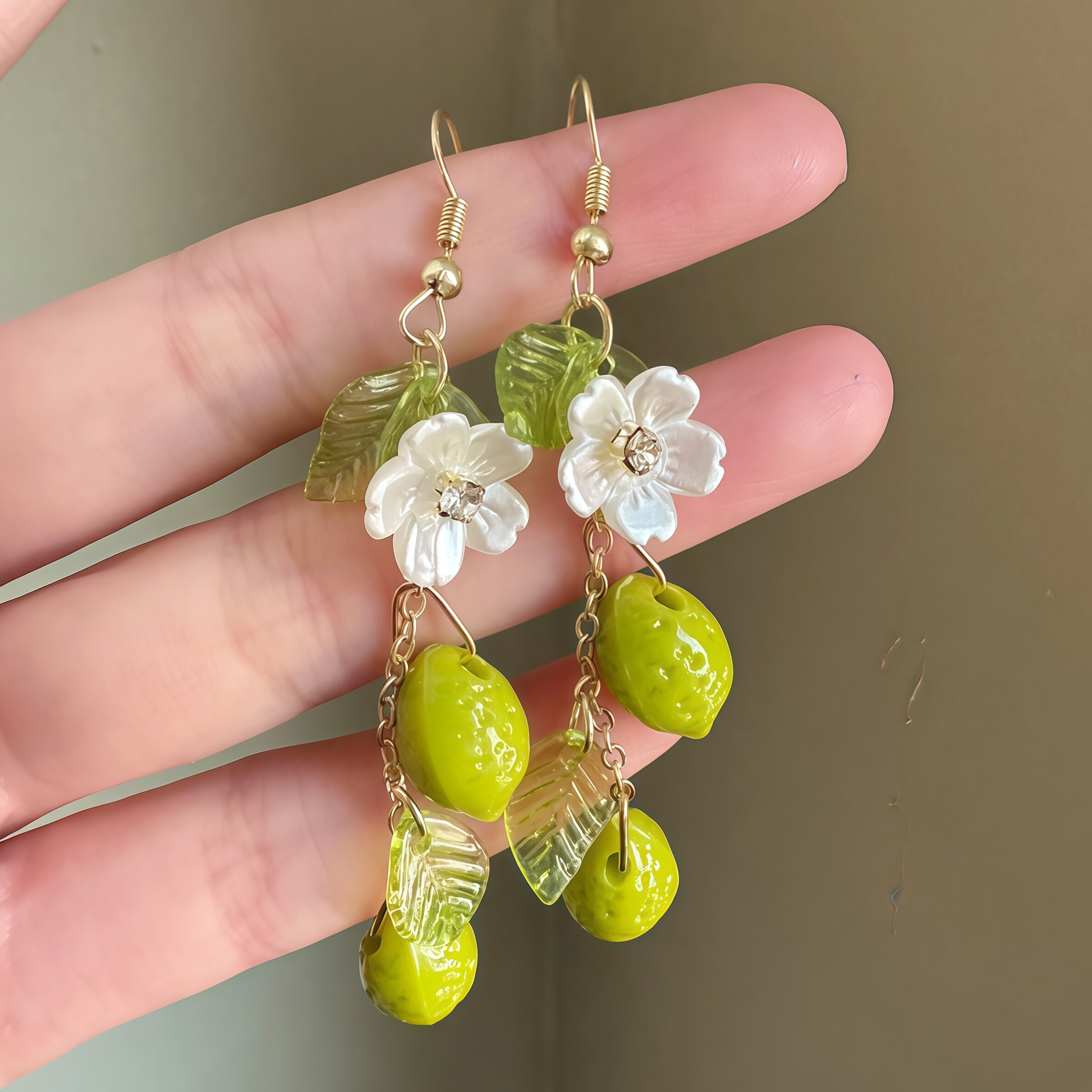 小清新绿色柠檬流苏花瓣耳环