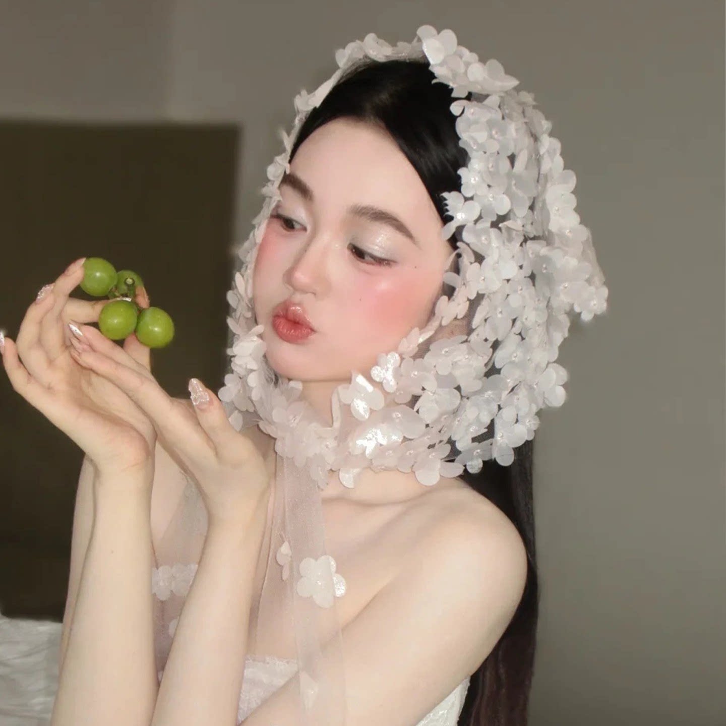 花间精灵！白色立体花朵包头帽