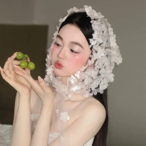 花间精灵！白色立体花朵包头帽