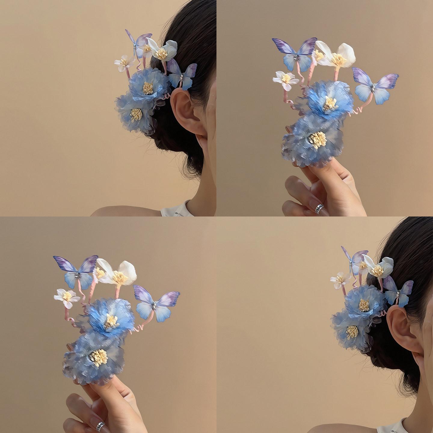 芳蝶栖鬓！超仙蓝色花朵蝴蝶发卡
