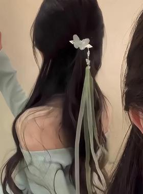 绿色森系蝴蝶流苏飘带发夹新中式古风丝带编发头饰双马尾旅行发卡
