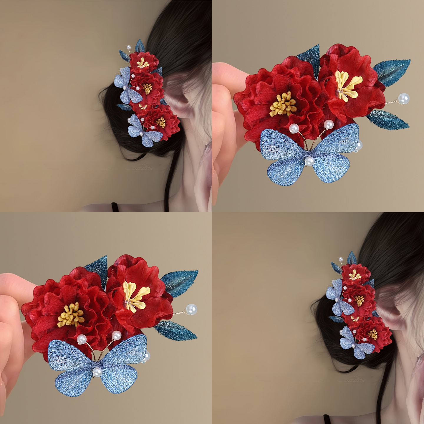 红色山茶花低丸子头古风旗袍发饰