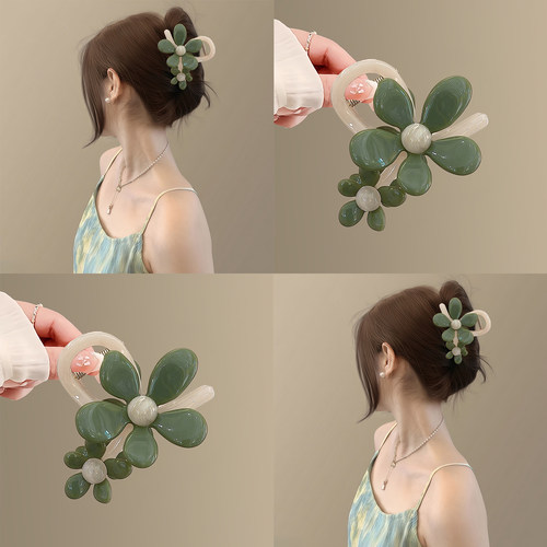 墨绿清新！超仙花朵韩系发抓夹女