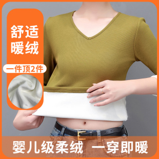 莫代尔大码V领t恤加绒加厚螺纹长袖女士秋冬季内搭保暖打底衫上衣