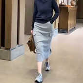 欧货大码 开叉一步裙高腰口袋宽松直筒卫衣裙子 半身裙秋冬女中长款