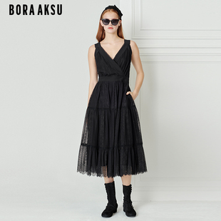 法式 蕾丝花边吊带连衣裙小黑裙B1DCW64060 新品 BORAAKSU2023夏季