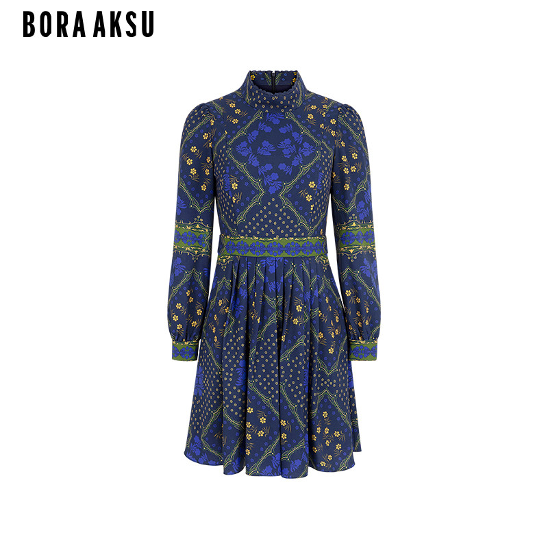 BORAAKSU秋季复古小立领百褶裙摆印花连衣裙B1EGW62280
