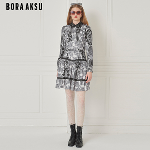 泡泡袖 彼得潘领蕾丝印花连衣裙B1EHW64170 新品 BORAAKSU2024秋季