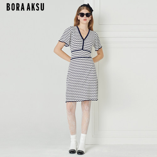 BORAAKSU条纹V领荷叶袖针织开衫