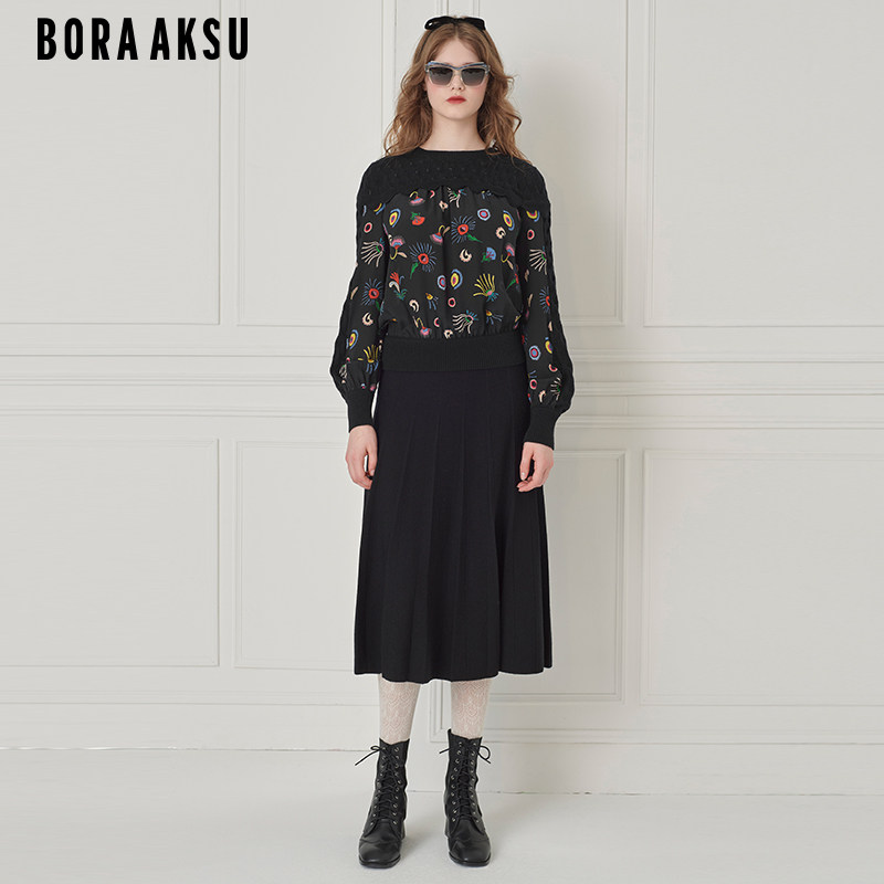 BORAAKSU2024早秋新品圆领真丝拼接印花羊毛针织套头衫B1EGW26320