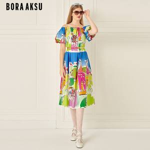 BORAAKSU2024初夏新品泡泡袖童趣彩色艺术生印花连衣裙B1ECW63430