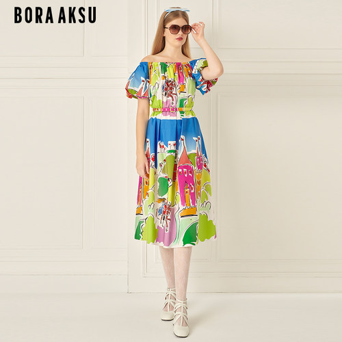 BORAAKSU泡泡袖褶裥印花连衣裙