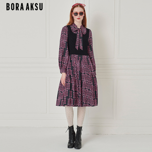 BORAAKSU2024秋季 优雅蝴蝶结领针梭配印花连衣长裙B1EGW62950 新品