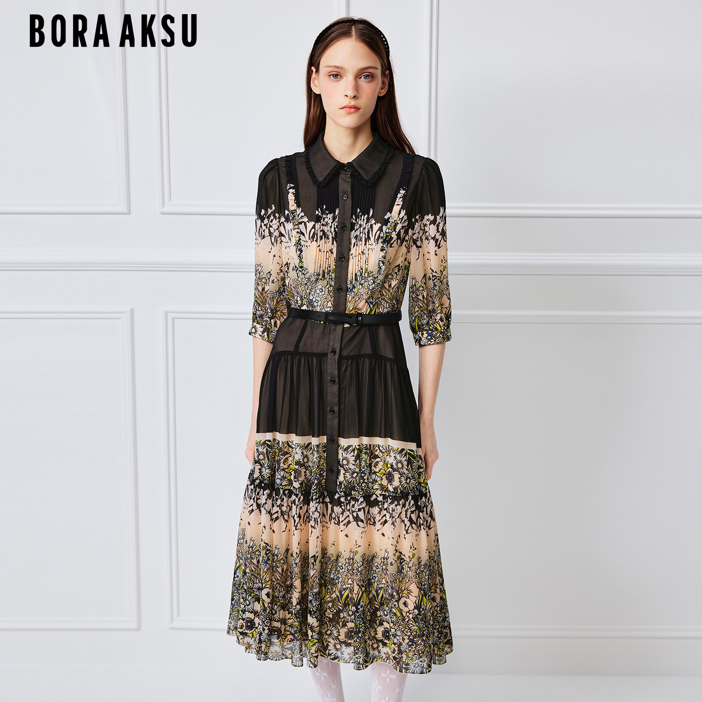 BORAAKSU2026春季新品浪漫花卉印花翻领灯笼袖连衣裙B1GBW62230
