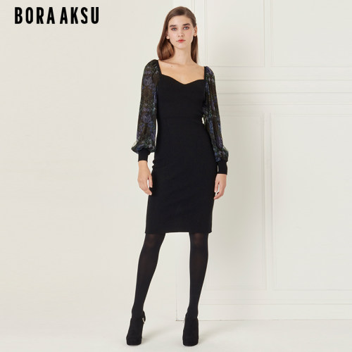 BORAAKSU黑色网纱羊毛连衣裙
