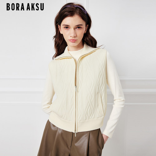 BORAAKSU米白色菱格绞花针织马甲