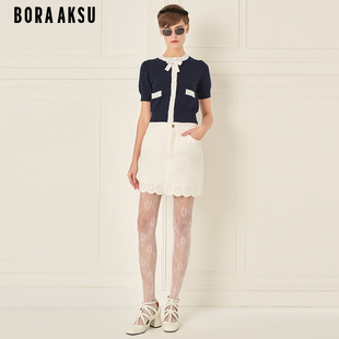 BORAAKSU2024夏季 蓝白撞色蝴蝶结圆领短款 针织开衫 B1EDW08430 新品