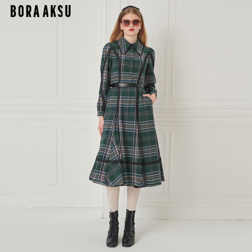 BORAAKSU格纹花边泡泡袖连衣裙