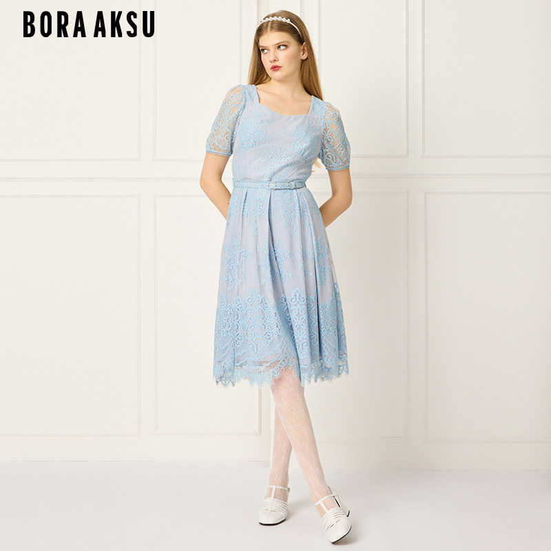 BORAAKSU2025夏季新品复古钻石领泡泡袖褶裥蕾丝连衣裙B1FCW64170