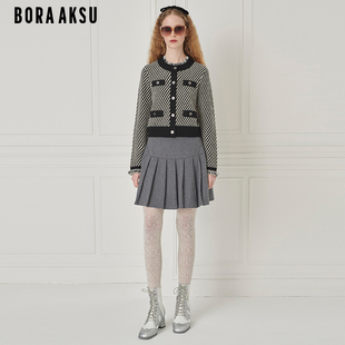饰提花针织开衫 B1EGW08440 小香风撞色毛须装 BORAAKSU2024早秋新品