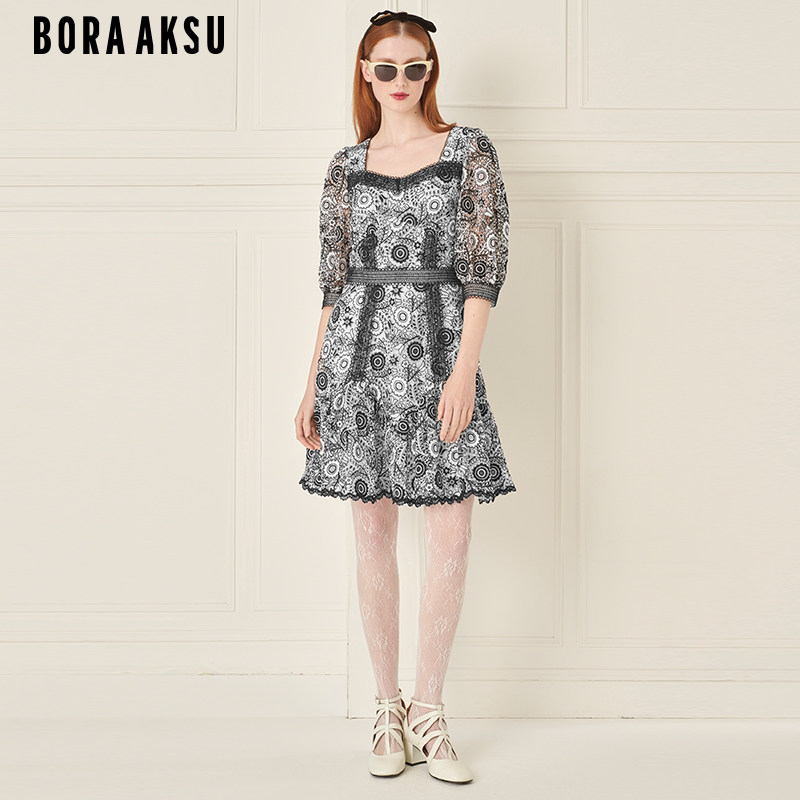 BORAAKSU2024春季新品复古泡泡袖钻石领黑白蕾丝连衣裙B1EBW62280