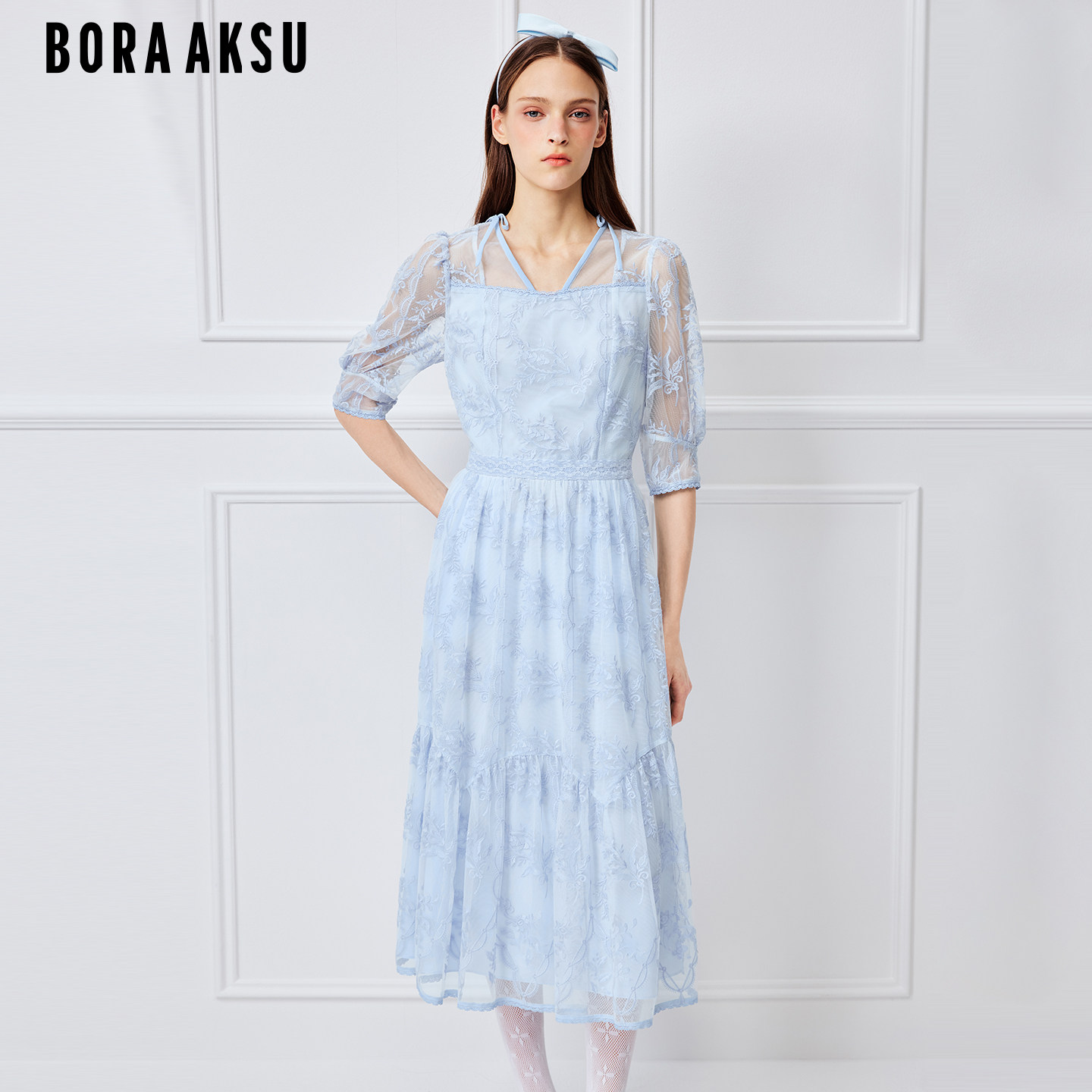 BORAAKSU2026春季新品马卡龙粉蓝通透蕾丝气质连衣裙B1GBW62280 - 实物图