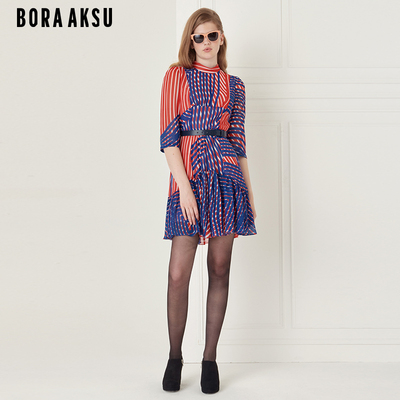 BORAAKSU立领腰带褶裥连衣裙