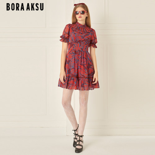 BORAAKSU立领褶裥印花连衣裙