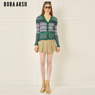 BORAAKSU2024早春新品 B1EBW58010 学院风卡其色不对称设计褶裥裙裤