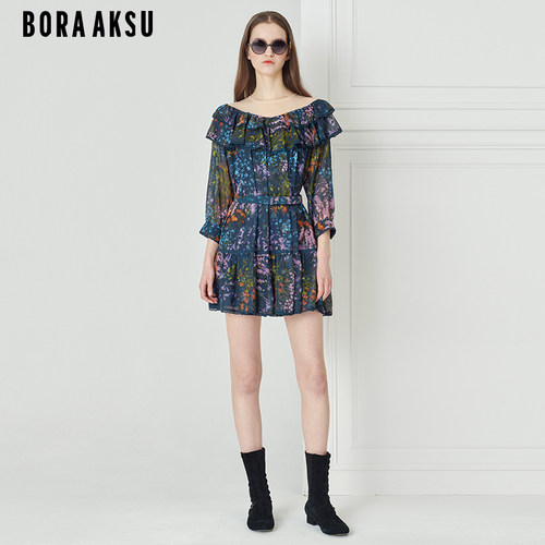 BORAAKSUA摆黛蓝印花连衣裙