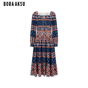 复古方领泡泡袖 民俗印花连衣裙B1DGW61330 新品 BORAAKSU2023秋季