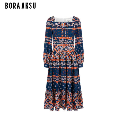 BORAAKSU泡泡袖民俗印花连衣裙