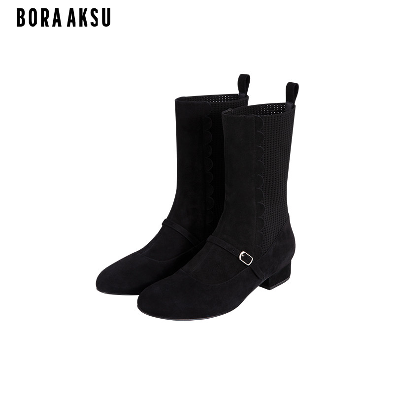 BORAAKSU2023初夏新品羊皮拼接低跟百搭黑色女靴短靴B8DAWSB004