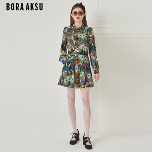 BORAAKSU早秋泡泡袖衬衫领收腰印花长袖连衣裙B1DGW62160