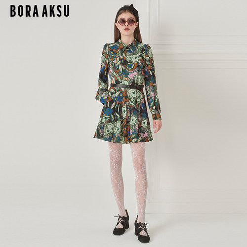 BORAAKSU收腰印花长袖连衣裙