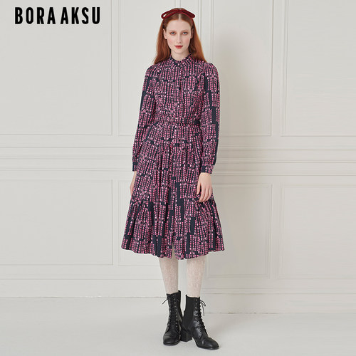 BORAAKSU气质褶边印花连衣裙