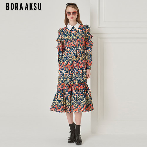BORAAKSU泡泡袖鱼尾印花连衣裙