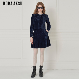 BORAAKSU2024秋季 优雅百搭藏蓝荷叶裙摆丝绒半身裙B1EGW70070 新品