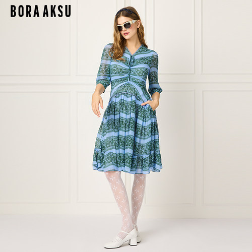 BORAAKSU泡泡袖蕾丝印花连衣裙