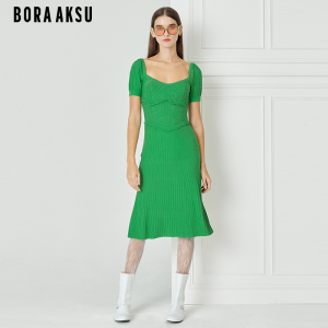 BORAAKSU2023初夏新品甜美心型领泡泡袖短袖针织连衣裙B1DCW04050