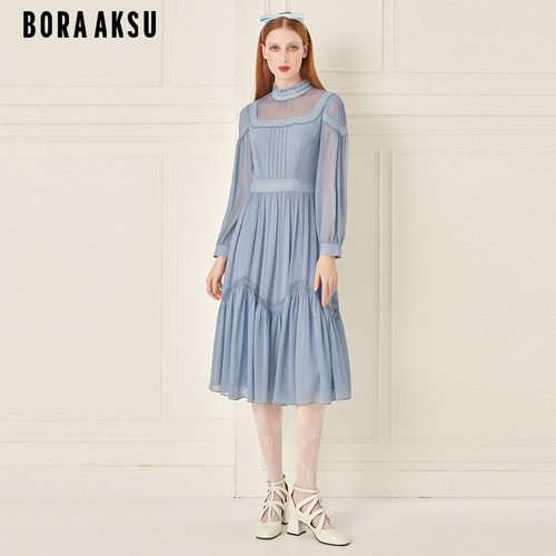 BORAAKSU雾蓝网纱拼接连衣裙