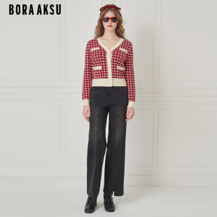 拼色V领红杏格纹针织提花开衫 B1EGW08410 新品 BORAAKSU2024秋季