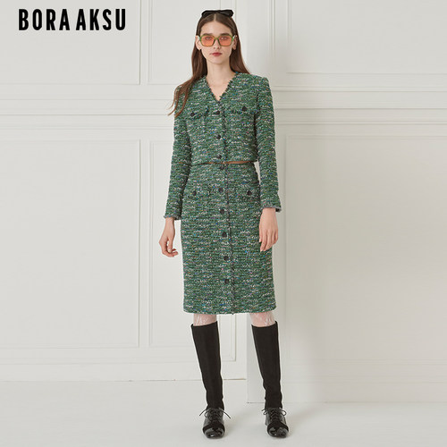 BORAAKSU墨绿粗花呢半身裙套装