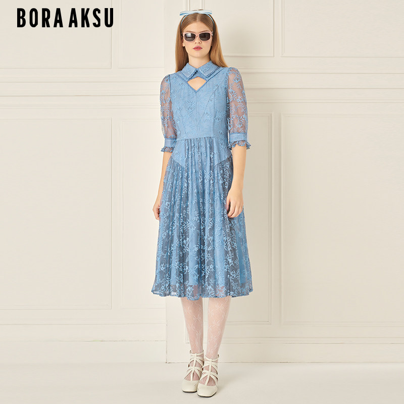 BORAAKSU早春新品法式泡泡袖衬衫领镂空蕾丝褶裥连衣裙B1EAW62880