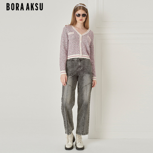 BORAAKSU2023冬季 法式 粗花呢缤纷粉V领针织开衫 B1DHW08330 新品