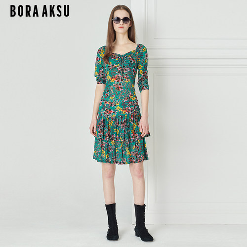 BORAAKSU甜美蓝绿底缤纷碎花半裙
