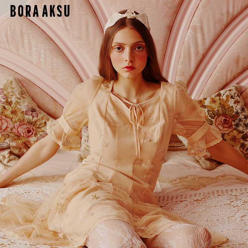 BORAAKSU2024夏季新品优雅钻石领星空刺绣网纱礼服裙B1ECW63550