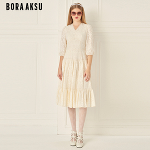 BORAAKSU2024夏季新品法式优雅泡泡袖V领蕾丝连衣裙B1ECW63070