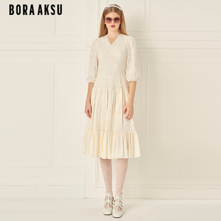 BORAAKSU2024夏季 法式 优雅泡泡袖 V领蕾丝连衣裙B1ECW63070 新品