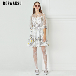 BORAAKSU2023初夏新品泡泡袖手绘昆虫印花网纱连衣裙B1DBW61300